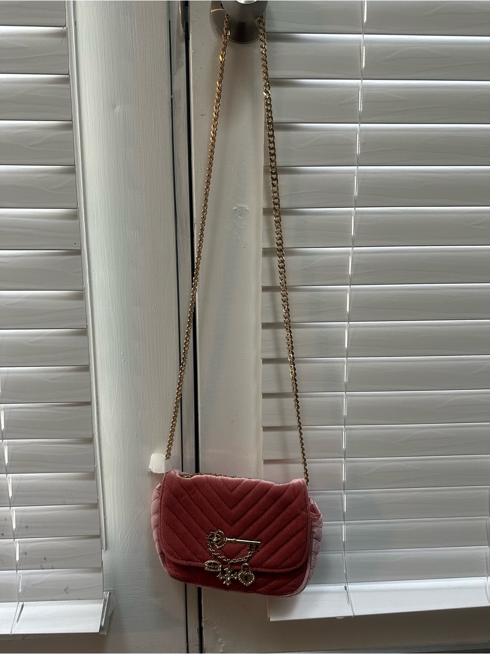 Aldo Rose Pink Quilted Velvet Crossbody with Gold Chain
